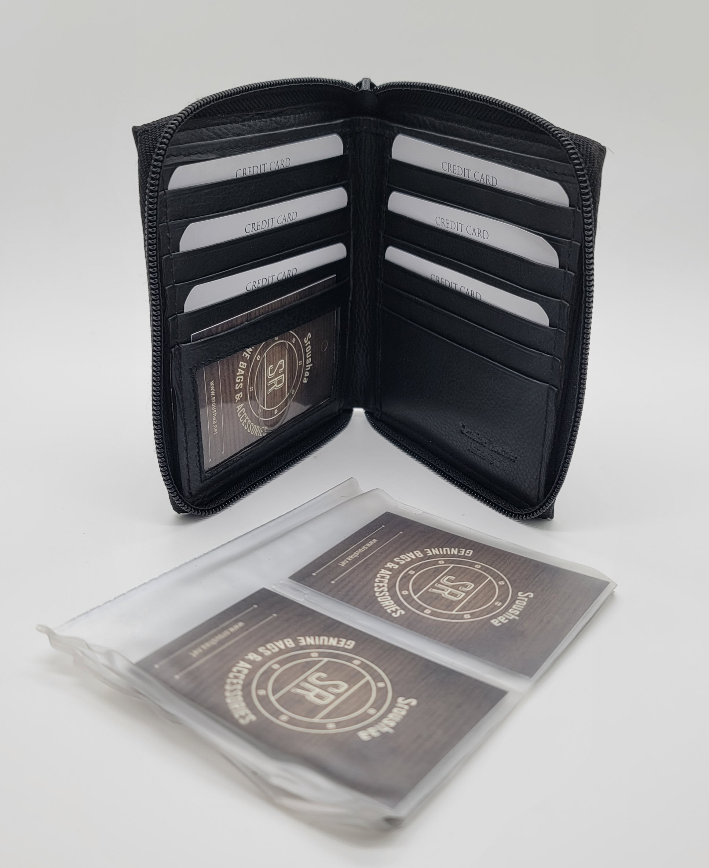 Solid Black Two Fold Zip Around Leather Passport Holder
