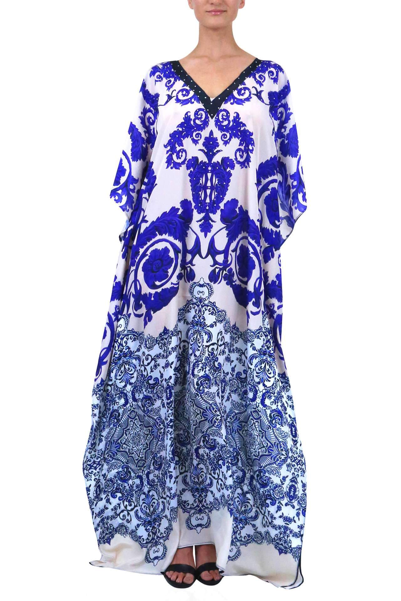 Blue & White V Neck Kaftan Dress - S'roushaa