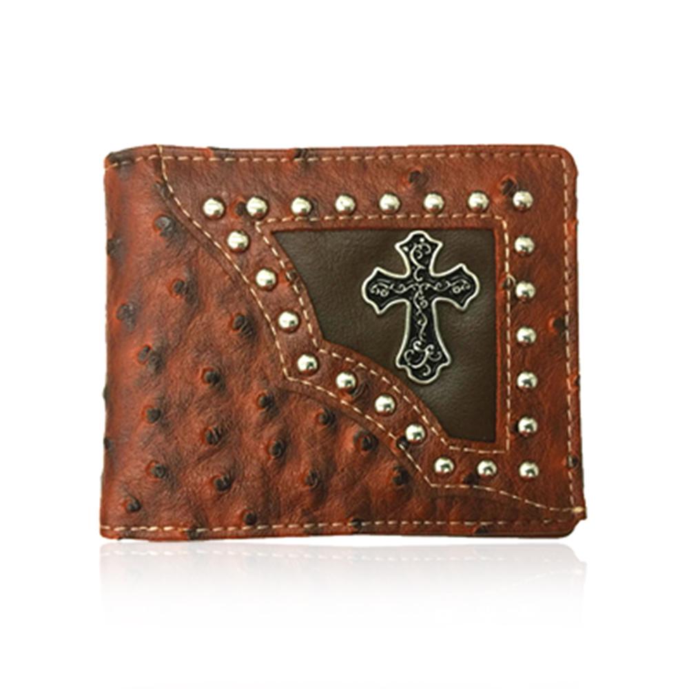 Western Embossed Cross Brown Bifold Leather Wallet - S'roushaa