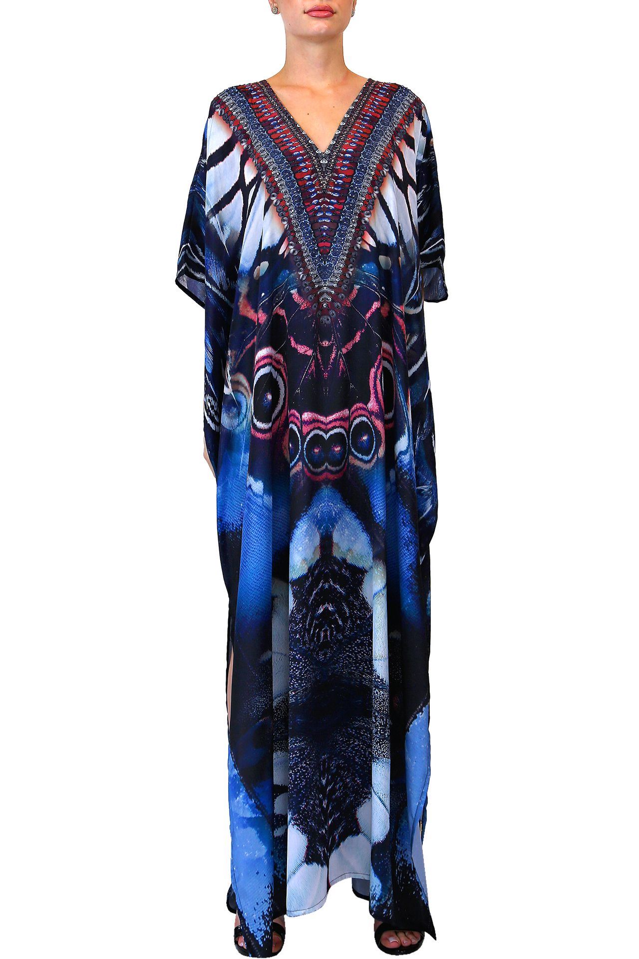 Butterfly-Print-Blue-Long-Kaftan-Dress