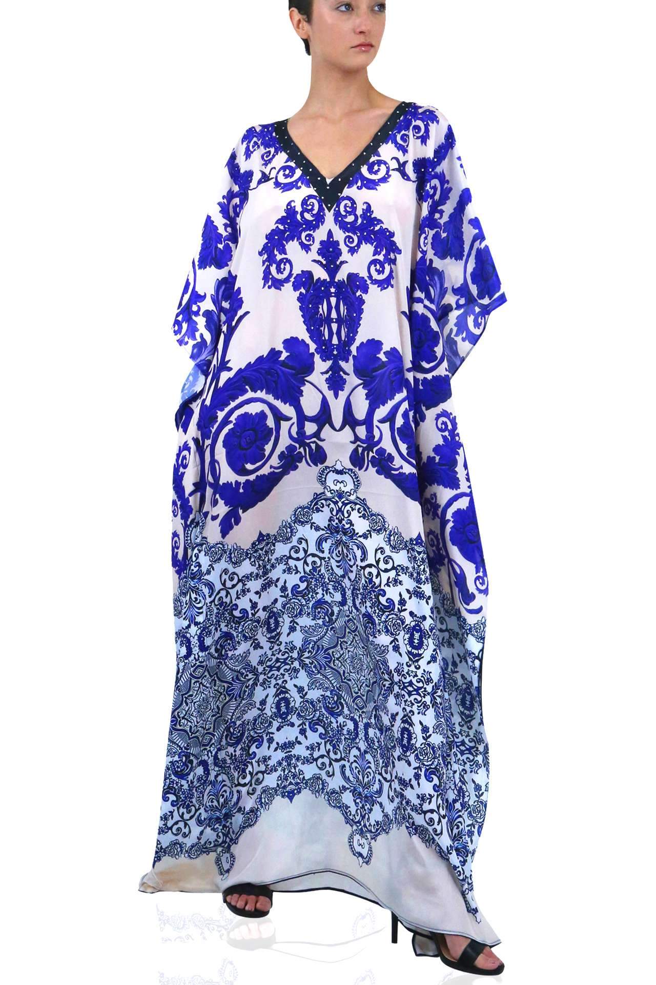 Blue & White V Neck Kaftan Dress - S'roushaa