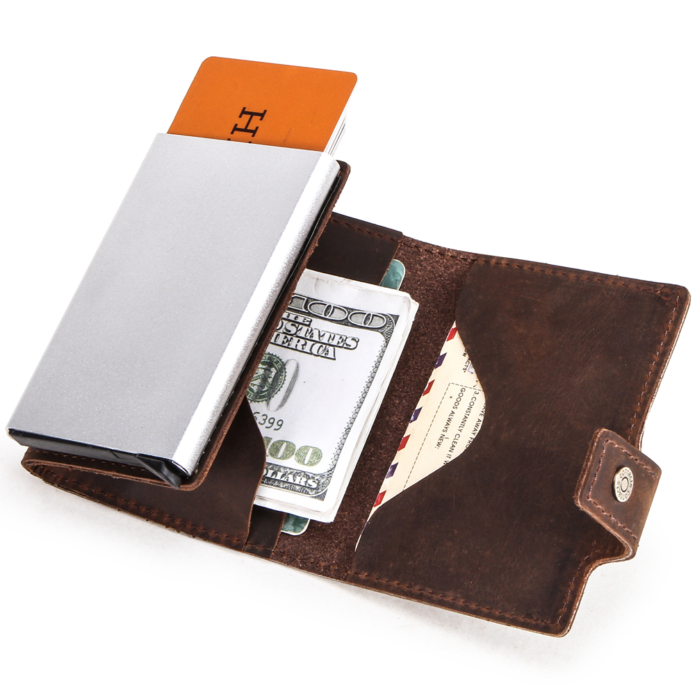 Sroushaa crazy horse leather new product RFID aluminum automatic pop up id cash credit card holder rfid credit card wallet