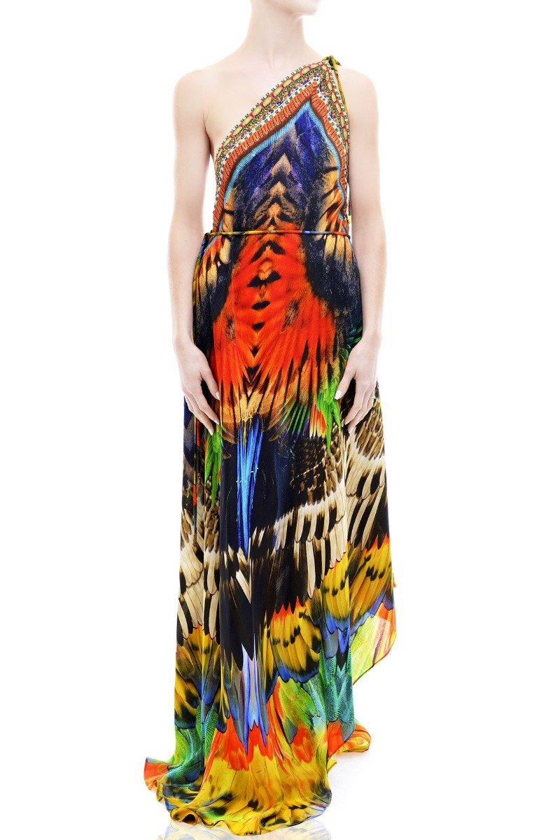 Tropical Feathers Print Long Dress - S'roushaa