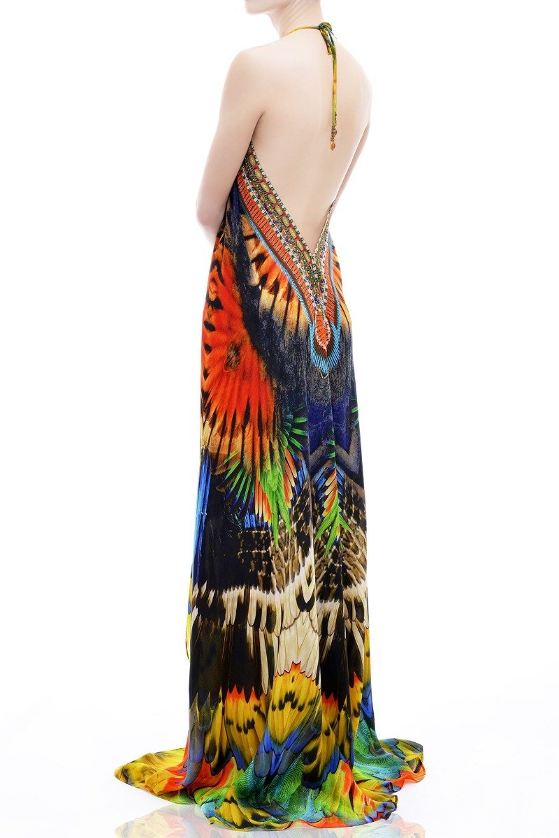 Tropical Feathers Print Long Dress - S'roushaa