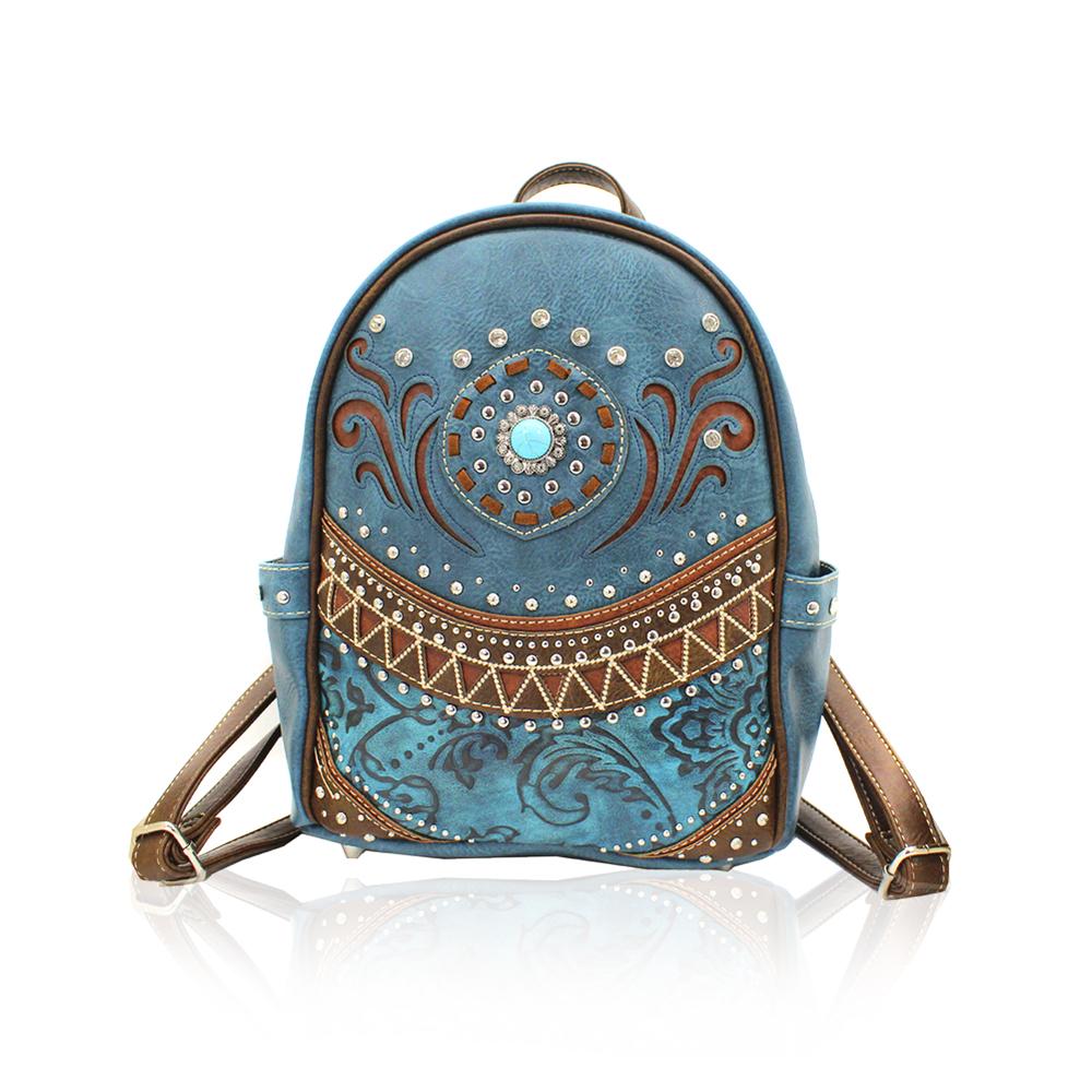 Rhinestone Studded Blue Conceal Backpack - S'roushaa