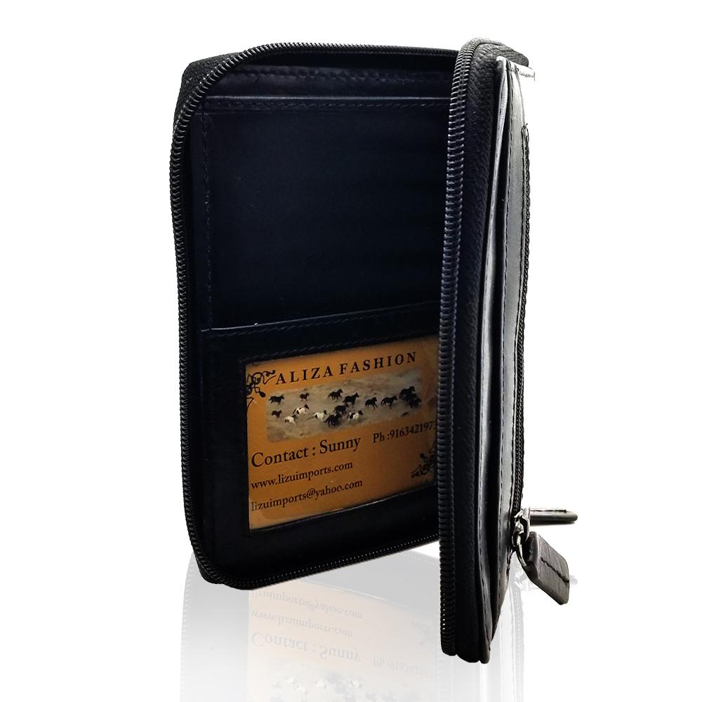 Zip-Two-Fold-Wallet-Men-Black-Leather-Solid