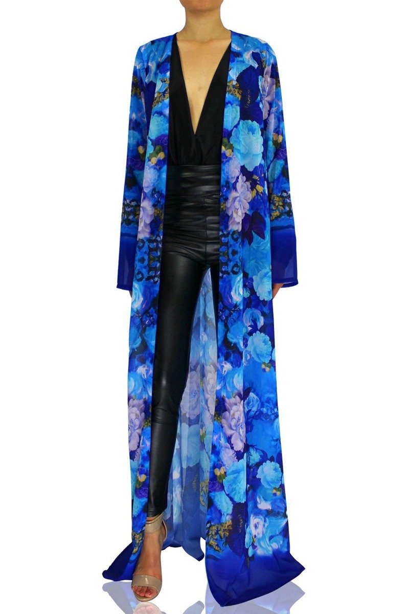 Floral Print Long Duster in Azure - S'roushaa