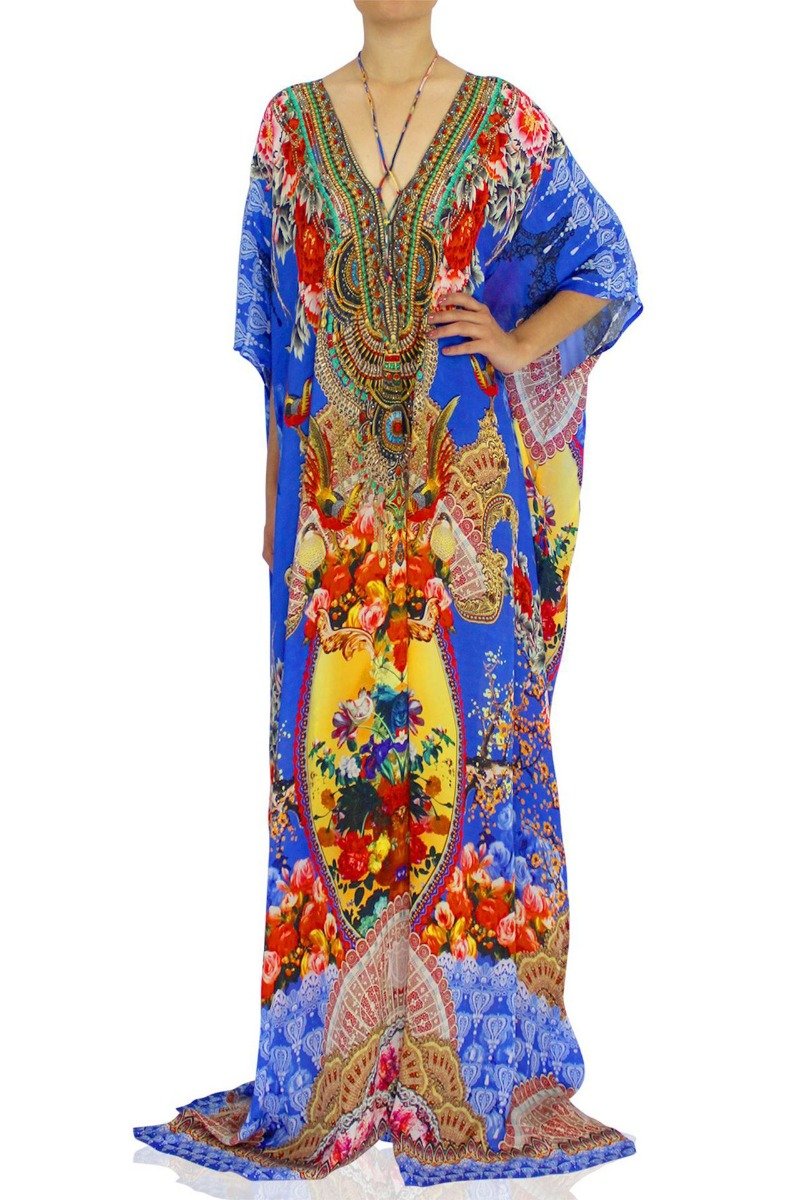 Floral Blue Kaftan Dress - S'roushaa