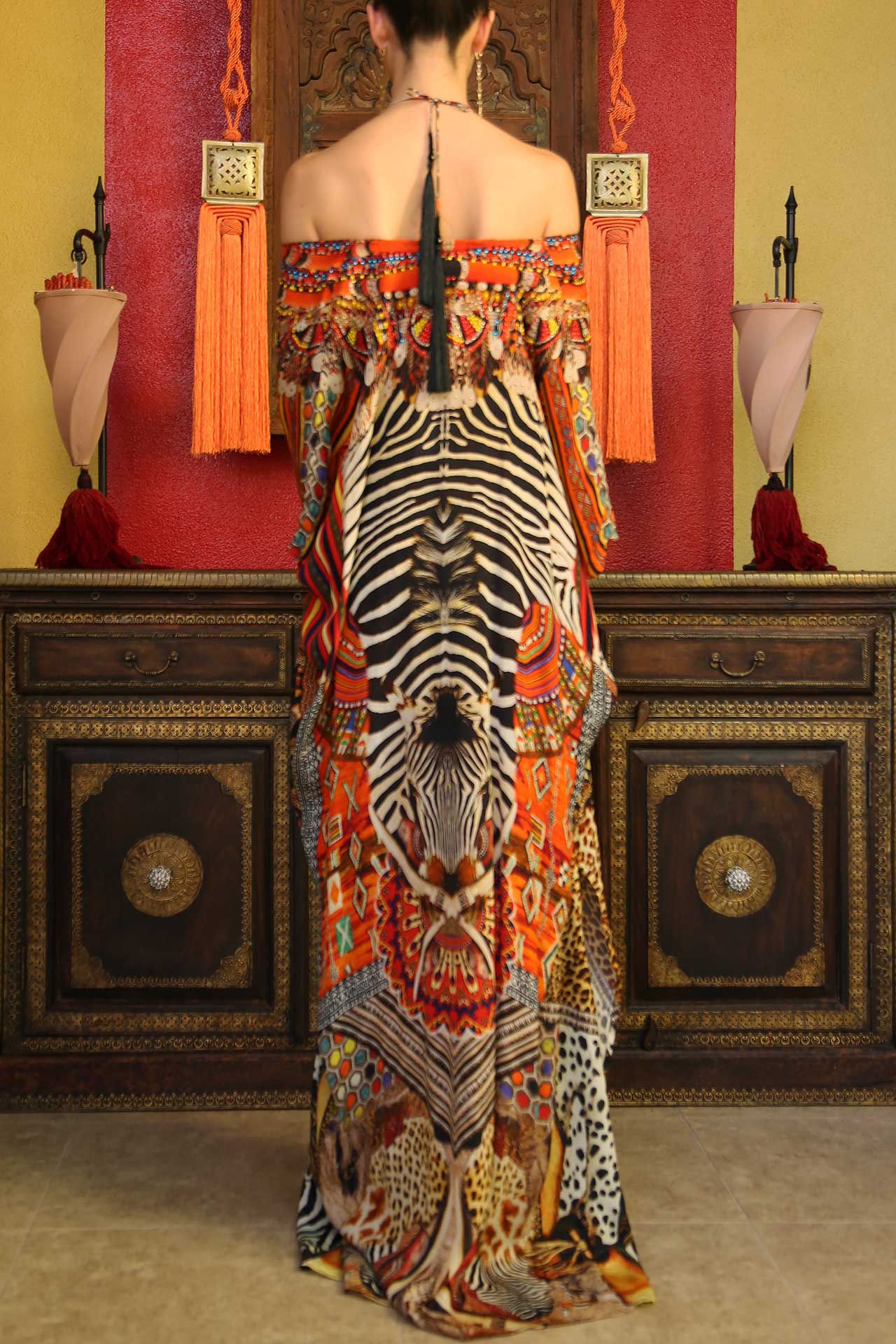 Orange Tribal Print Kaftan Dress - S'roushaa