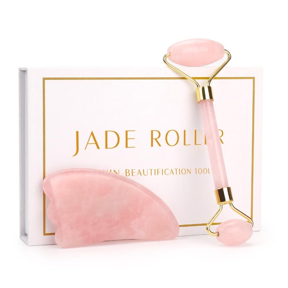 Rose Quartz Roller Slimming Face Massager Lifting Tool Natural Jade Facial Massage Roller Stone Skin Massage Beauty Care Set Box - S'roushaa