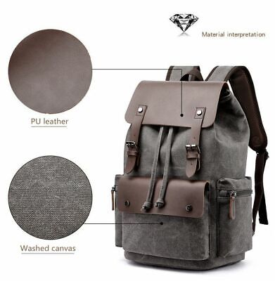 Vintage Leather Backpack for Men & Women, Denim Canvas Laptop Rucksack