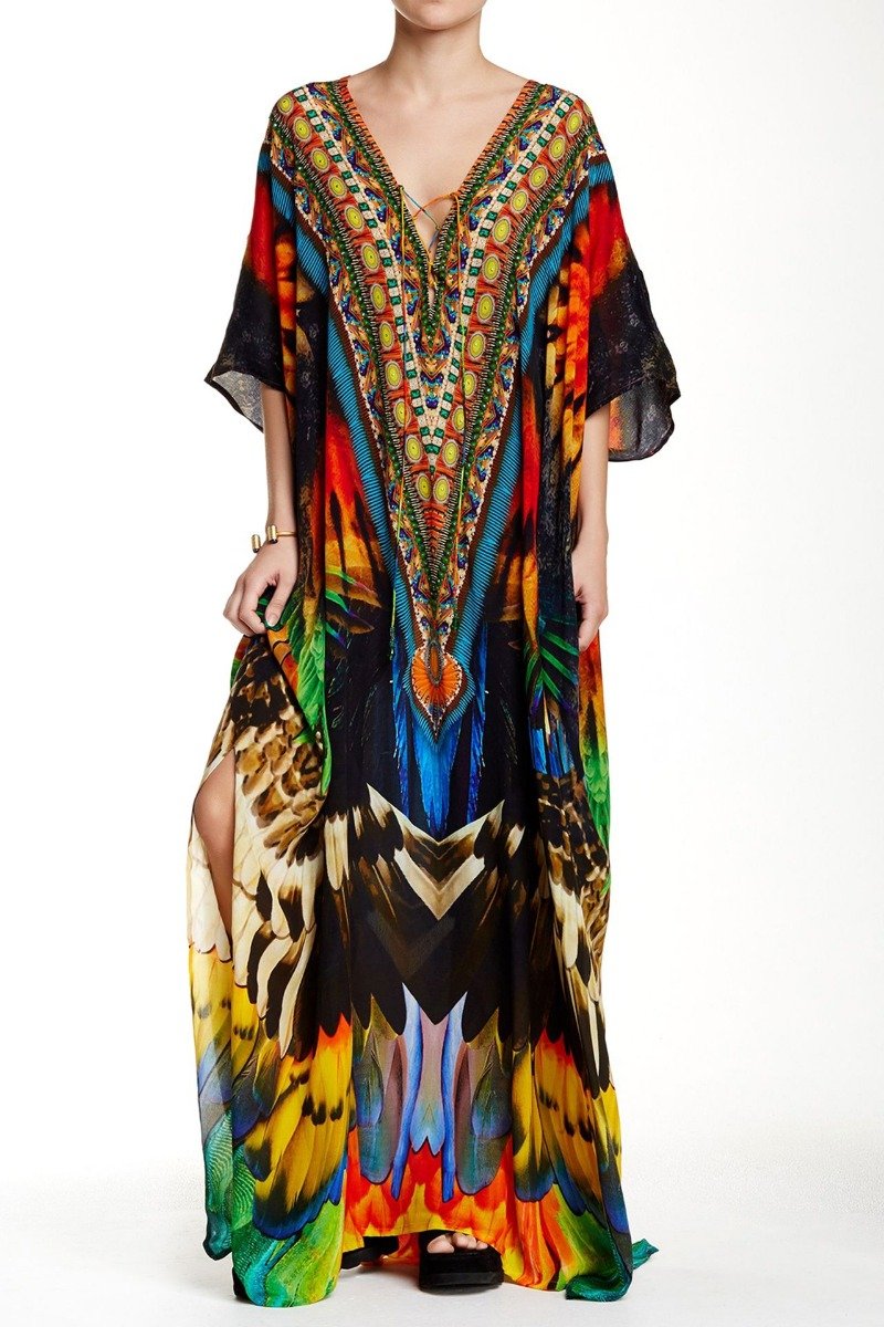 Kaftan Dress in Feather Print - S'roushaa