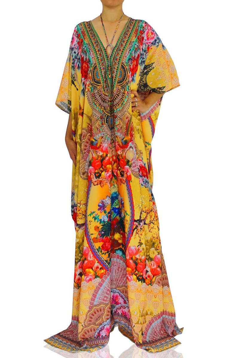Floral Print Kaftans In Yellow - S'roushaa
