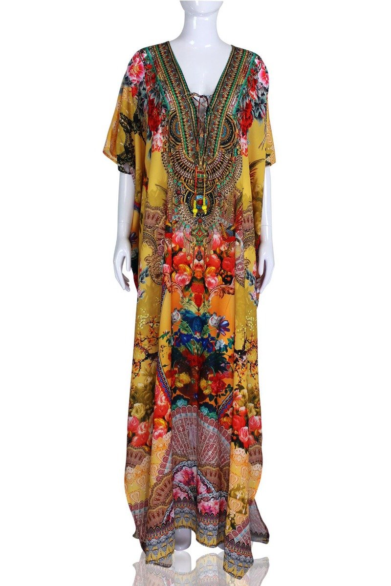 Floral Print Kaftans In Yellow - S'roushaa